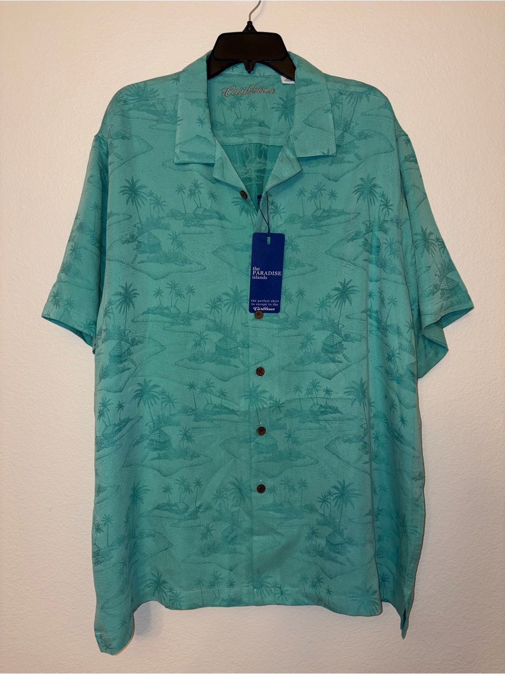 NWT Caribbean Mens XXL Paradise Islands Teal Blue Hawaiian Palm Tree Shirt